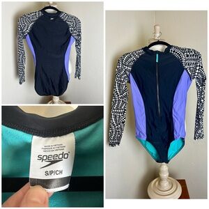Speedo Womens Long Sleeve Rash Guard Front Zip One Piece Swimsuit Size S $115